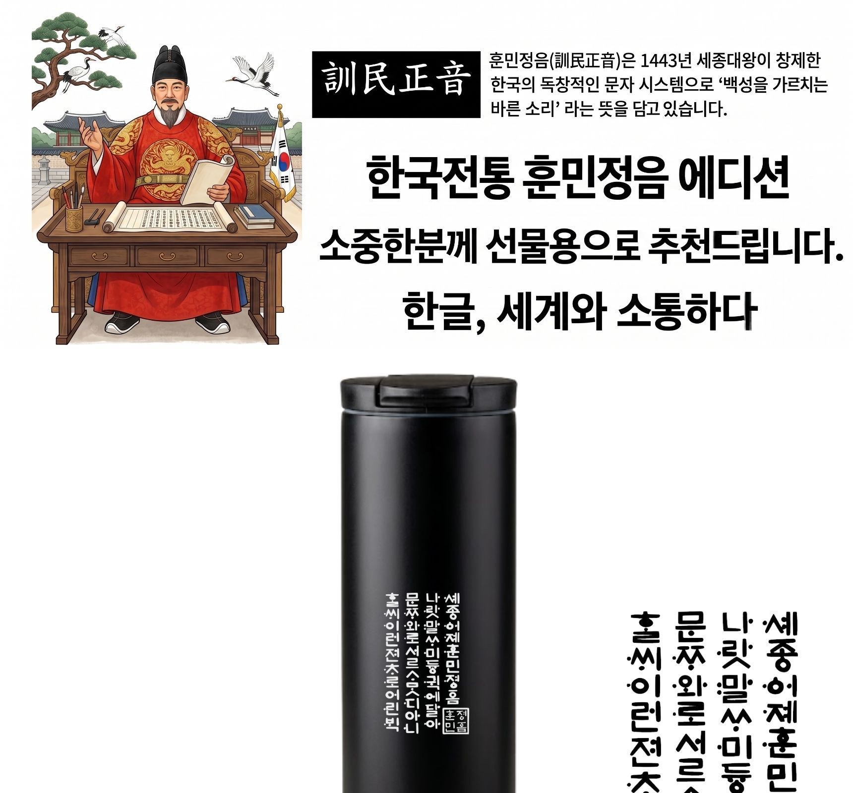훈민정음 골드 포인트 텀블러 503ml + 보자기 포장 선물세트 상세 이미지